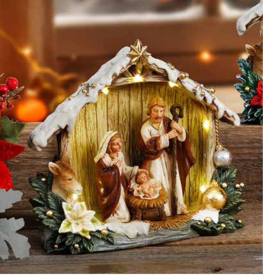 Fantin - Presepe Sacra Famiglia con Capanna e Luci LED, cm 17,5 x 7 x H15,8