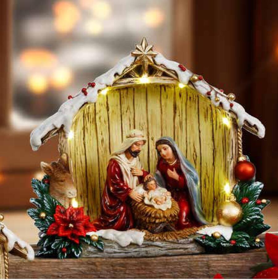 Fantin - Presepe Sacra Famiglia Colore con Capanna e Luci LED, cm 17,5 x 7 x H15,8