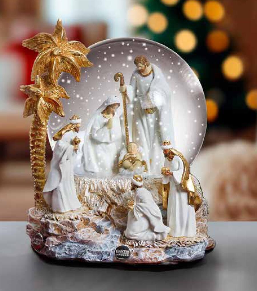 Fantin - Palla di Neve Carillon Natività con Palma Oro e Re Magi, cm Ø14,8 x H17,5