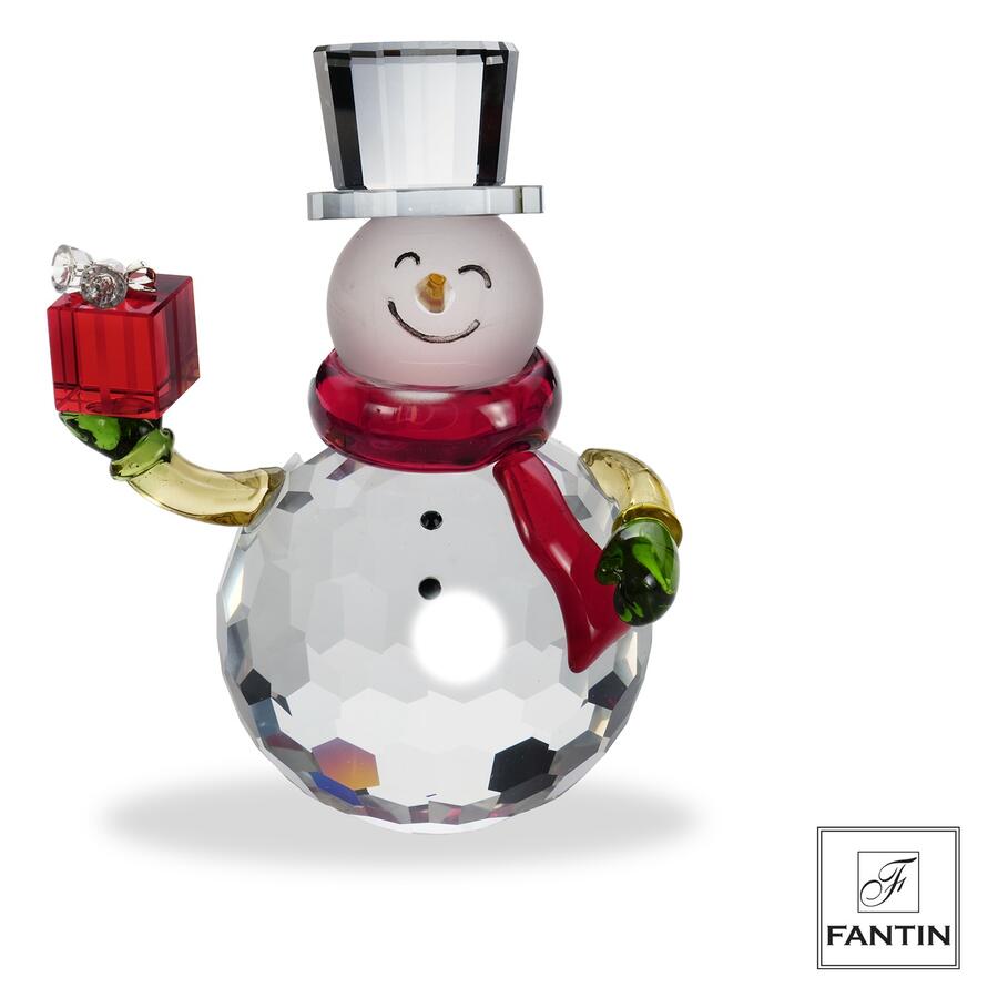 Fantin - Pupazzo di Neve in Cristallo con Pacco Regalo, cm 11,5 x 8,5 x H15