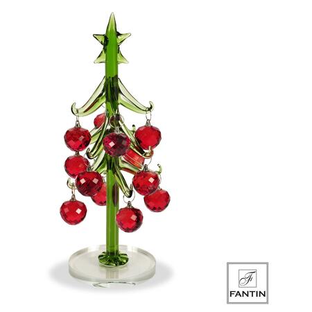 Fantin - Albero di Natale in Cristallo Verde con Palle Rosse, cm Ø9 x H21,5