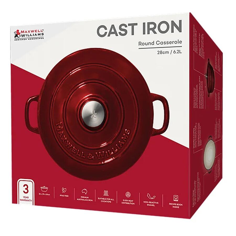 Maxwell & Williams - Casseruola Rotonda in Ghisa Cast Iron, Rossa, 28cm/6,2L