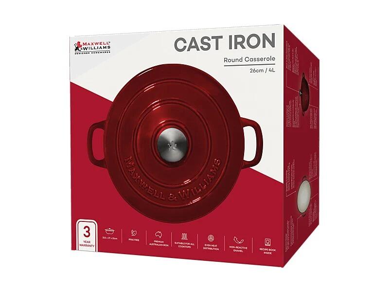 Maxwell & Williams - Casseruola Rotonda in Ghisa Cast Iron, Rossa, 26cm/4L