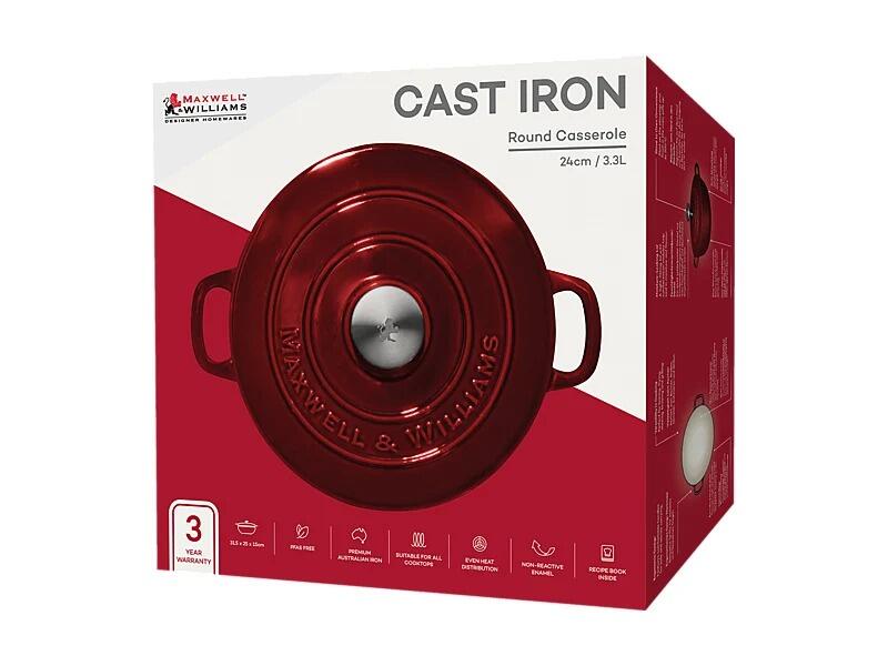 Maxwell & Williams - Casseruola Rotonda in Ghisa Cast Iron, Rossa, 24cm/3,3L