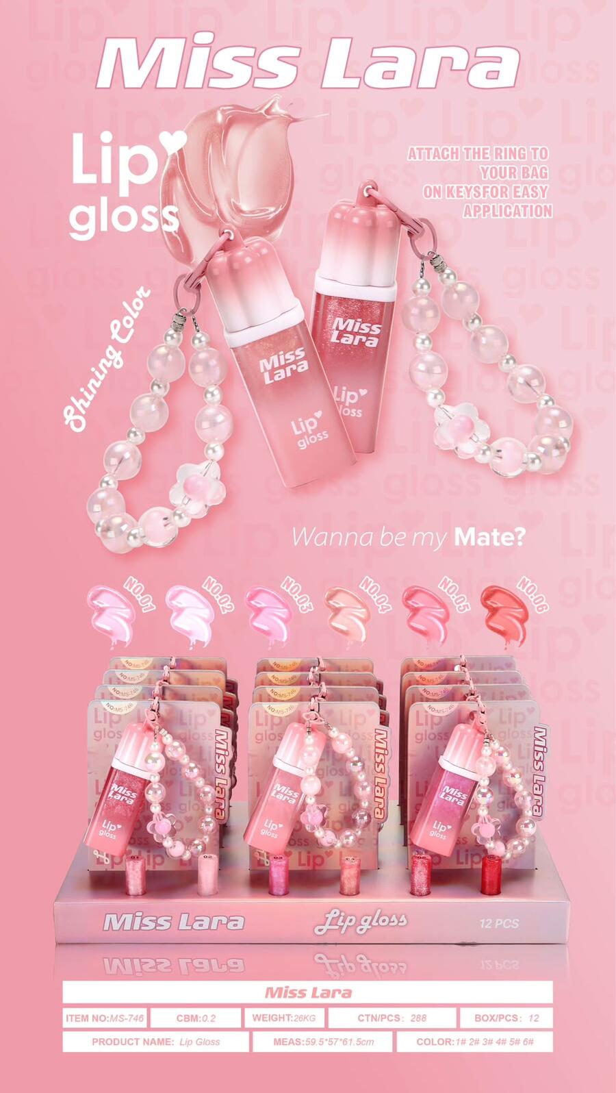 Miss Lara Lip Gloss + Ciondolo [Conf. da 12 pezzi]