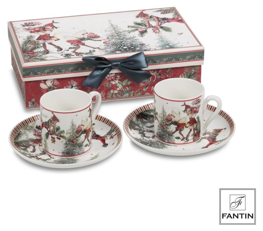 Fantin - Set 2 Tazzine Caffè con Piattino Albero e Folletti, Porcellana, Ø12,5 cm
