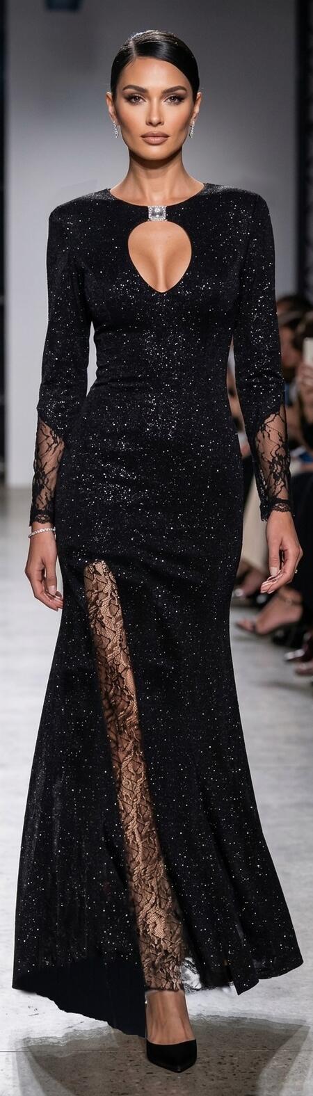 1056 Long black dress in glittery stretch velvet with an open back.