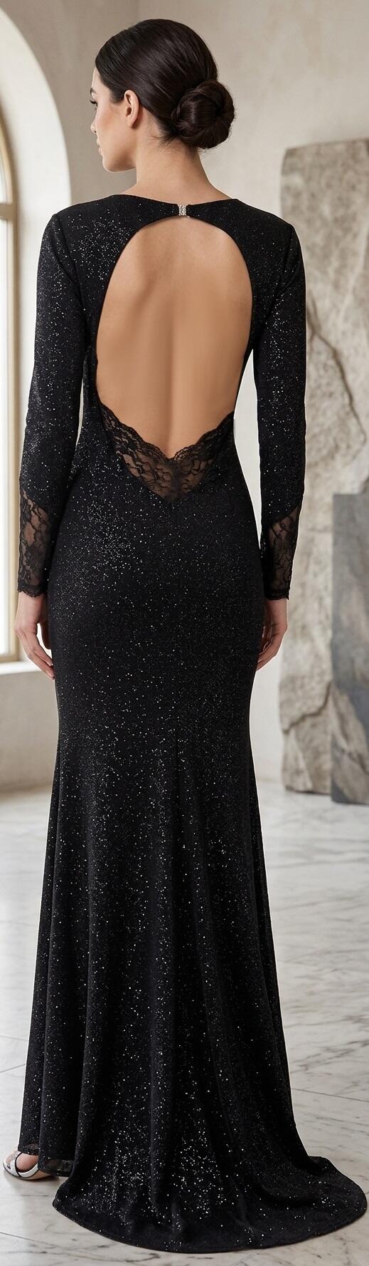 1056 Long black dress in glittery stretch velvet with an open back.