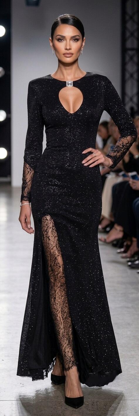 1056 Long black dress in glittery stretch velvet with an open back.
