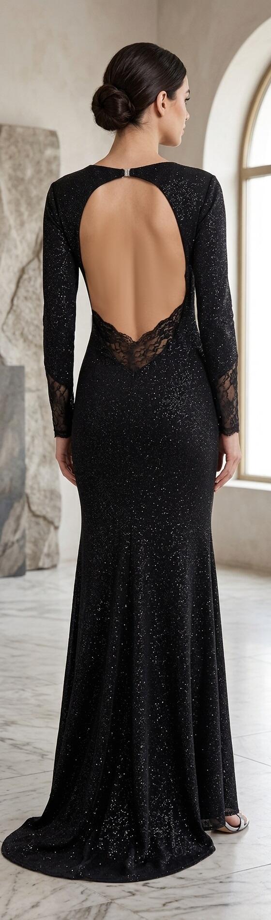 1056 Long black dress in glittery stretch velvet with an open back.