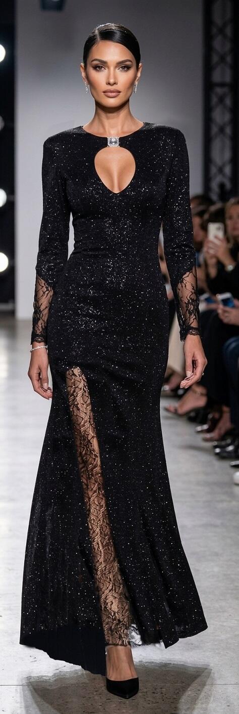 1056 Long black dress in glittery stretch velvet with an open back.