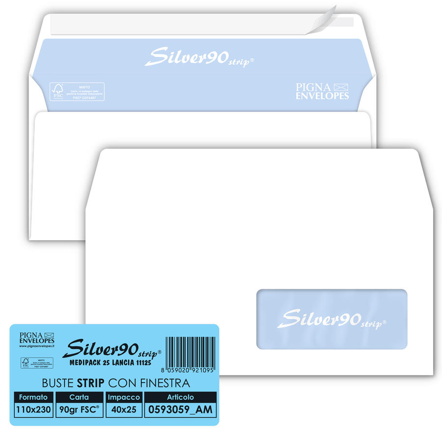 Buste Bianche SILVER90 STRIP FSCR Internografate 11×23 cm PIGNA - conf. 25 pz