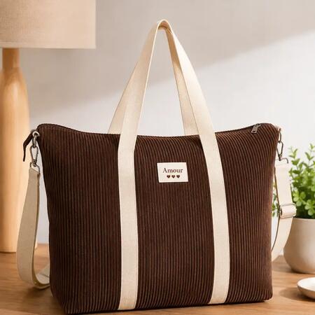 Borsa shopper in velluto a coste MARRONE