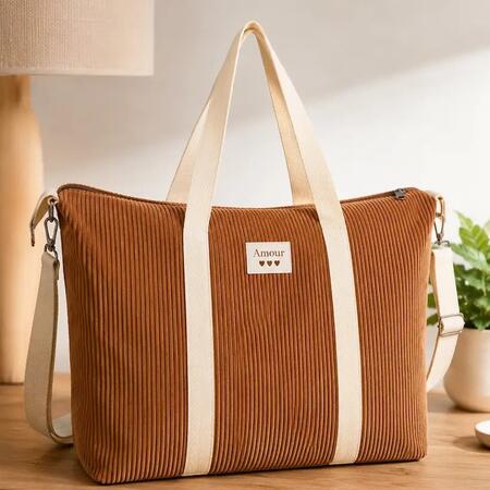 Borsa shopper in velluto a coste CAMMELLO