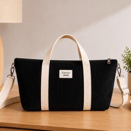 Borsa shopper in velluto a coste S NERO