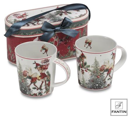 Fantin - Set 2 Mug Albero e Folletti, Porcellana, Ø8,7 x H9,5 cm