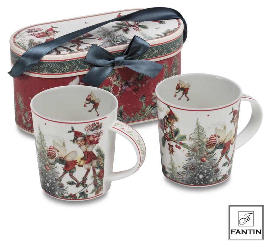 Fantin - Set 2 Mug Albero e Folletti, Porcellana, Ø8,7 x H9,5 cm