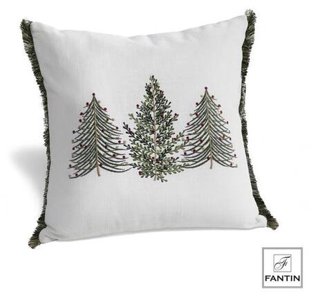 Fantin - Cuscino Merry Christmas Bianco con Alberi Ricamati, 45x45 cm