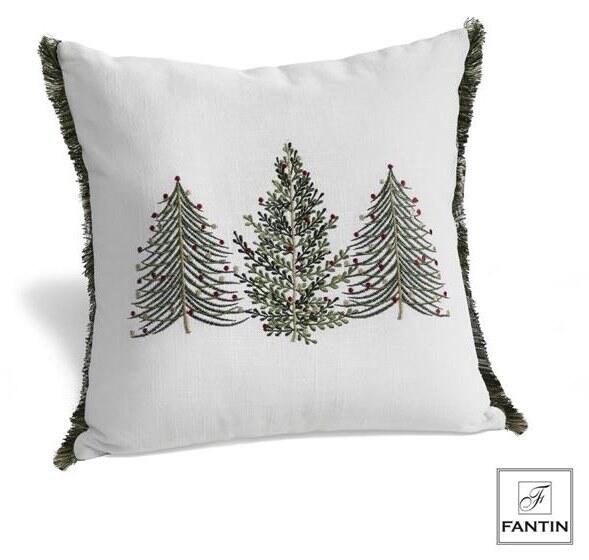 Fantin - Cuscino Merry Christmas Bianco con Alberi Ricamati, 45x45 cm