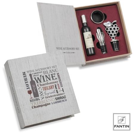 Fantin - Set Libro 4 Accessori Vino, Cavatappi Salvagoccia Versatore e Tappo, Metallo