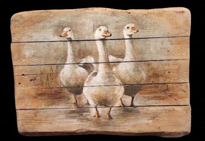 Quadro su tavole di legno vecchio dipinto a mano raffigurante delle oche 70x50 cm