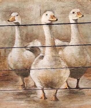 Quadro su tavole di legno vecchio dipinto a mano raffigurante delle oche 70x50 cm