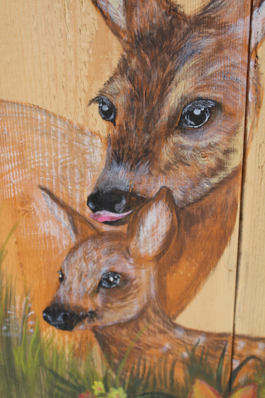 Quadro dipinto a mano raffigurante capriolo femmina con cerbiatto e gigli 70x47cm