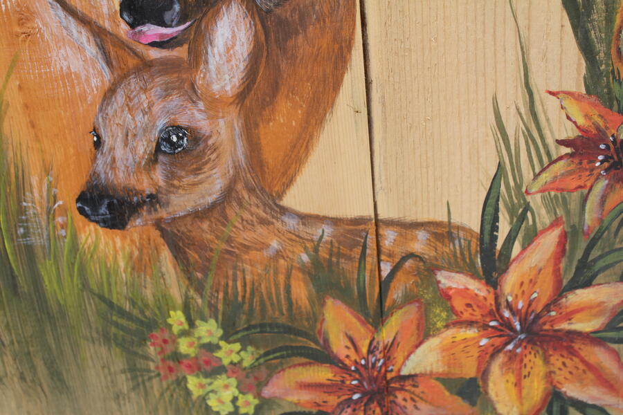 Quadro dipinto a mano raffigurante capriolo femmina con cerbiatto e gigli 70x47cm