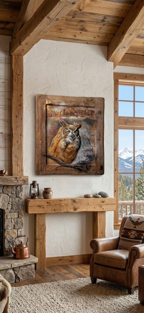 Quadro dipinto a mano su tavole di legno vecchio raffigurante un gufo dorato 70x80cm