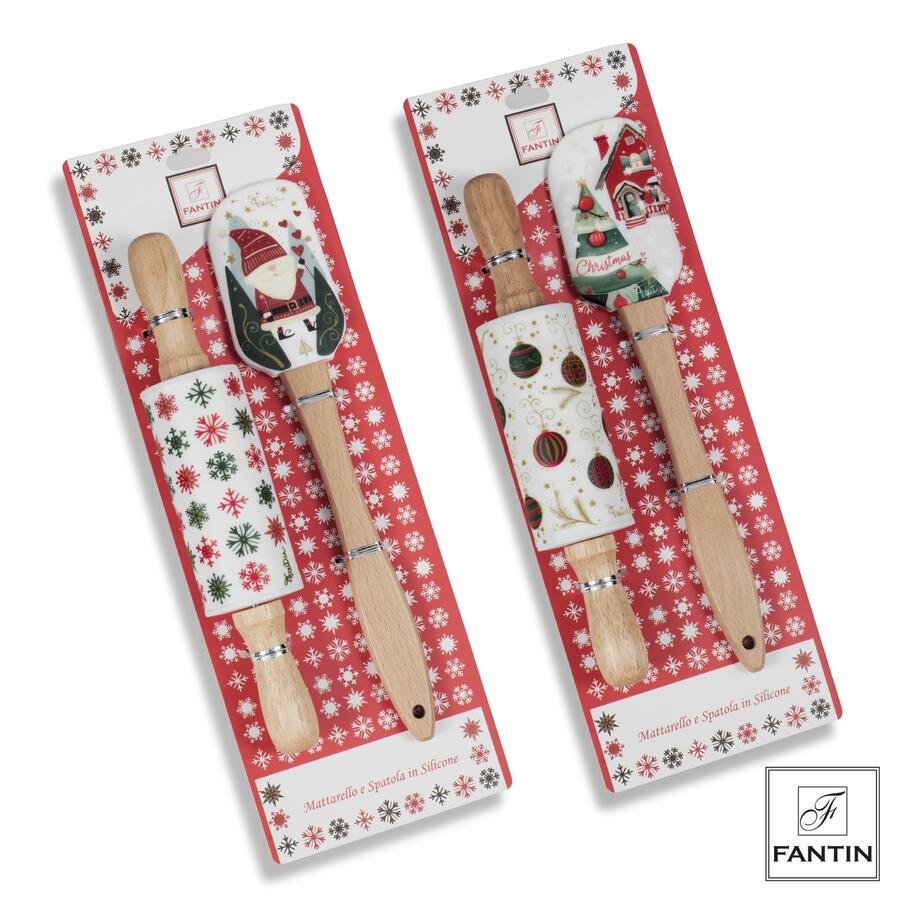 Fantin Box Natalizio Mattarello e Leccapentola in Legno e Silicone — 2 Decori