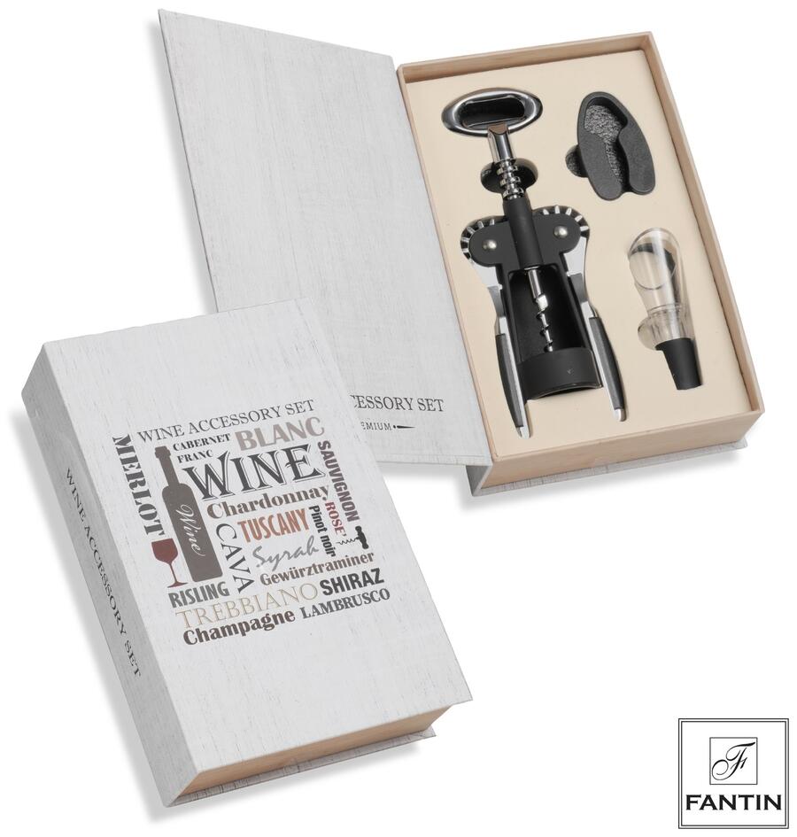 Fantin Set Vino 3 Accessori a Libro — Cavatappo, Tappo Versatore e Taglia Capsula in Metallo
