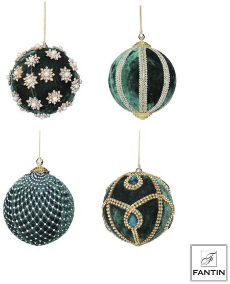 Fantin Collezione 4 Addobbi Palline Mix Green in Velluto e Strass — 3 Misure Assortite