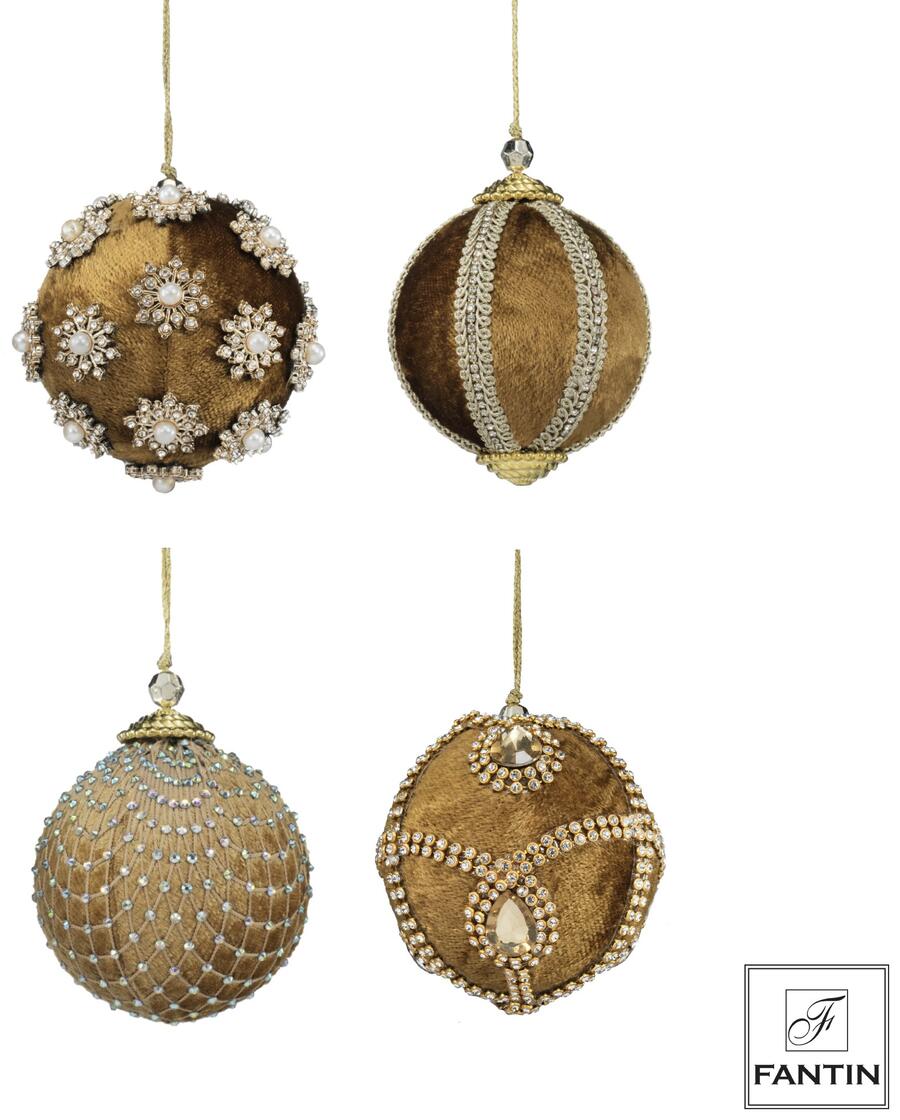Fantin Collezione 4 Addobbi Palline Mix Gold in Velluto e Strass — 3 Misure Assortite