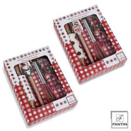 Fantin Box 4 Set Natalizio — Spatola, Mattarello, Frusta e 2 Stampini Biscotti, 2 Decori Assortiti