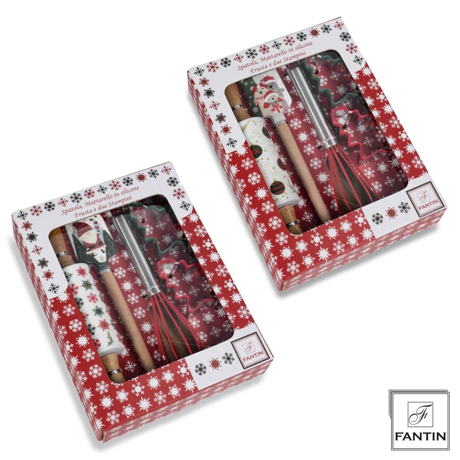 Fantin Box 4 Set Natalizio — Spatola, Mattarello, Frusta e 2 Stampini Biscotti, 2 Decori Assortiti