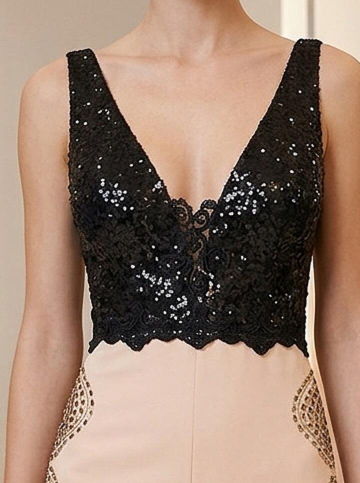 0175 Abito con spacco davanti beige e paillettes nere