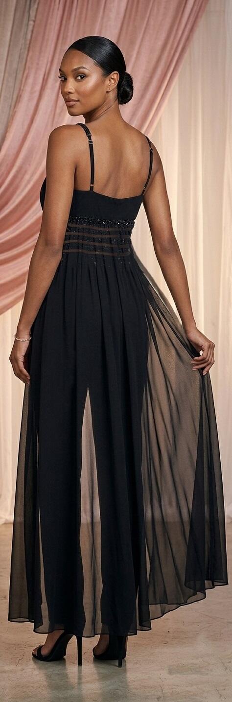 0762 Knit jumpsuit featuring sheer chiffon panels with small stones and side fringe.