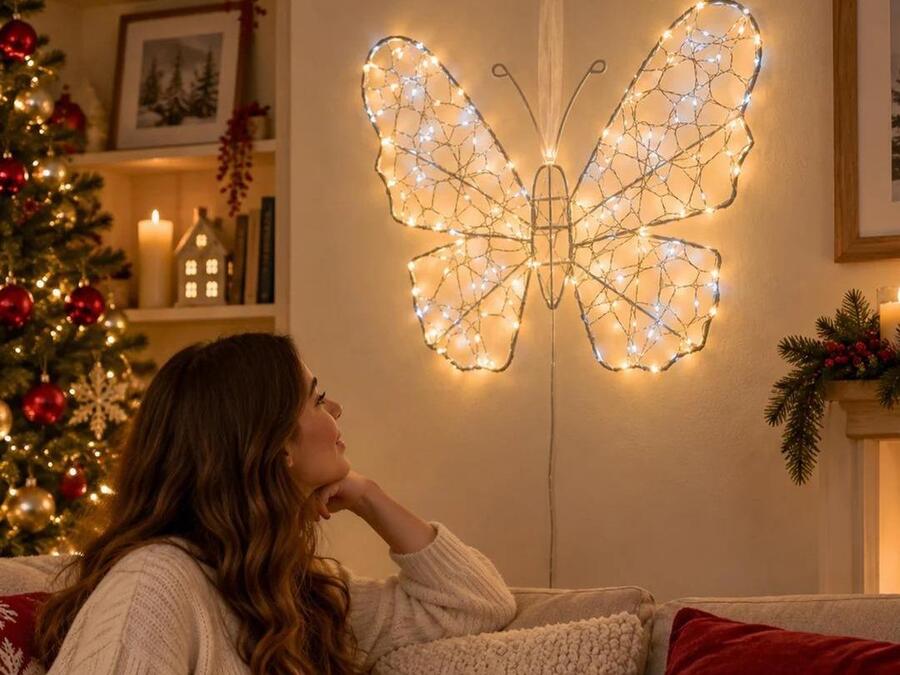 Farfalla Luminosa LED Lampada Decorativa in Ferro con Filo Dorato, Luci Bianche Calde e Fredde