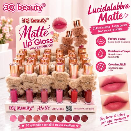 3Q Beauty Matte Lip Gloss Waterproof + Codino [Conf. da 24 pezzi]