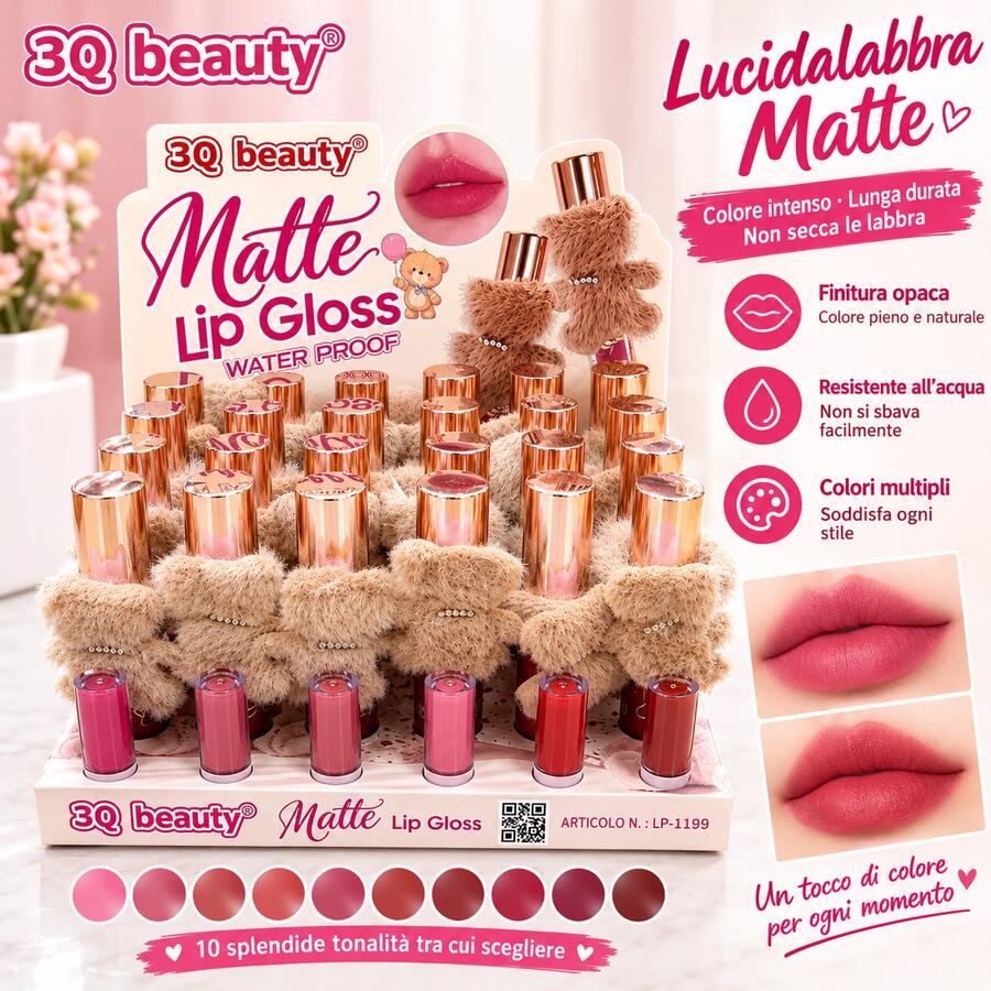 3Q Beauty Matte Lip Gloss Waterproof + Codino [Conf. da 24 pezzi]