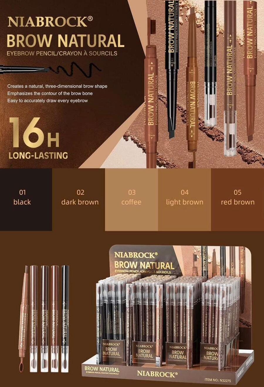 Niabrock Brow Natural Eyebrow Pencil Con Tester [Conf. da 144 pezzi]