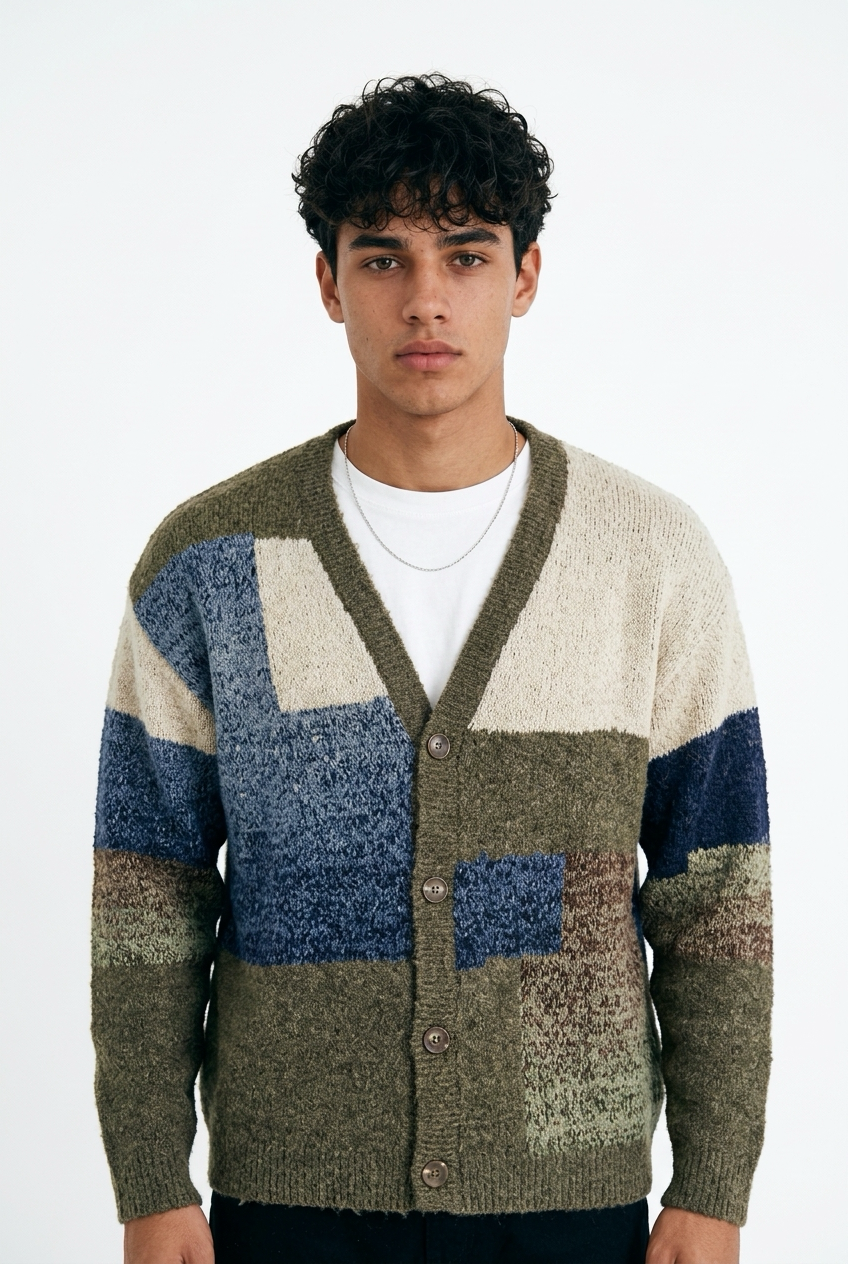 Over-d Cardigan Block Intarsio Taupe