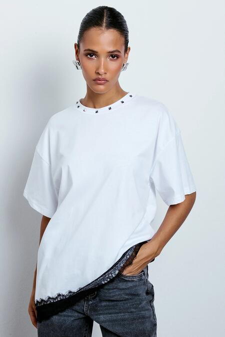 Two Way T-shirt Asimmetrica Inserto Pizzo Bianco