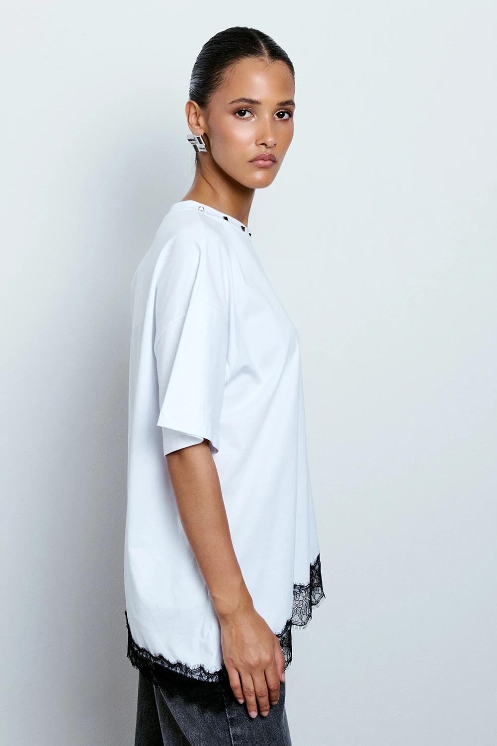Two Way T-shirt Asimmetrica Inserto Pizzo Bianco