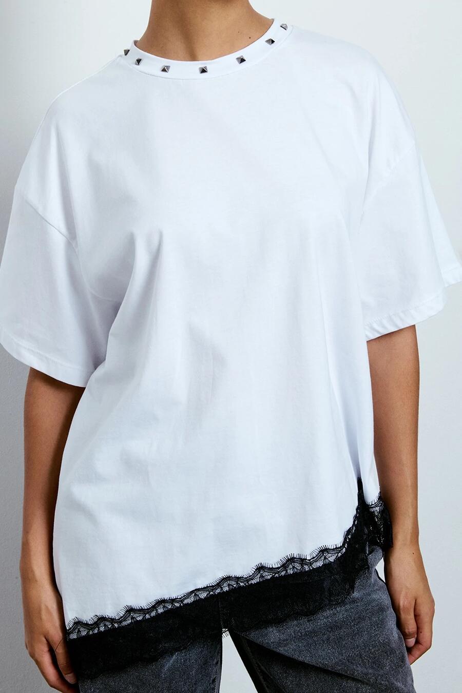 Two Way T-shirt Asimmetrica Inserto Pizzo Bianco