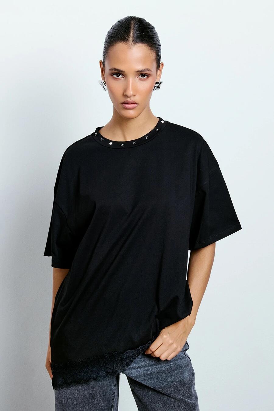 Two Way T-shirt Asimmetrica Inserto Pizzo Nero