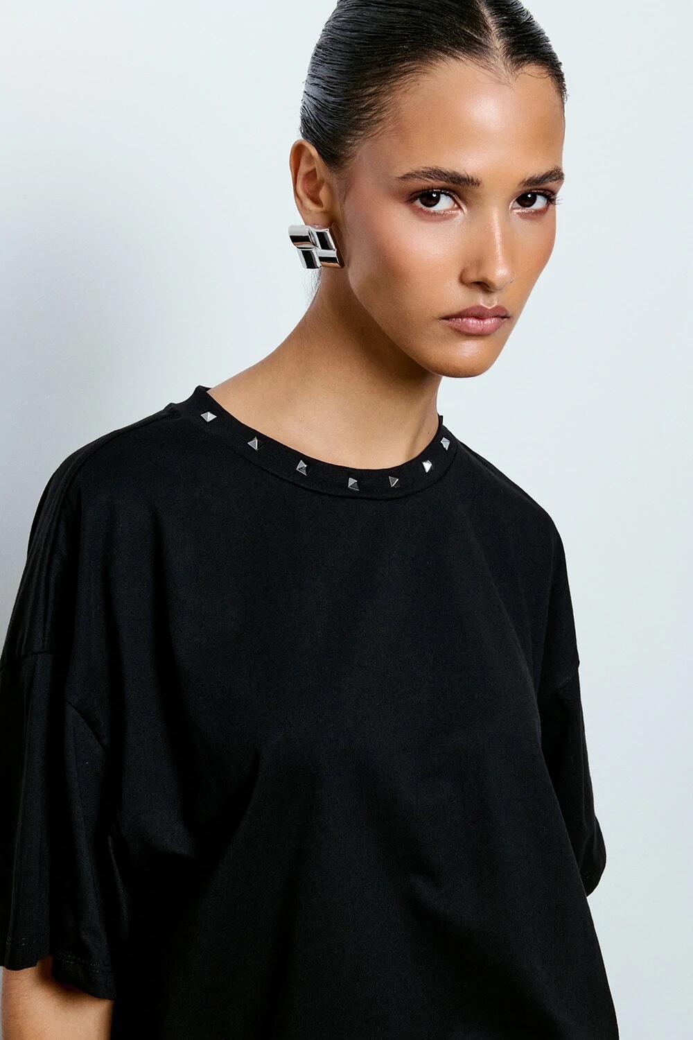 Two Way T-shirt Asimmetrica Inserto Pizzo Nero