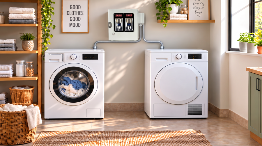 Gettoniera per Lavatrice e Asciugatrice - max 3500W cada (mod. TANDEM) - Legge tutte le monete