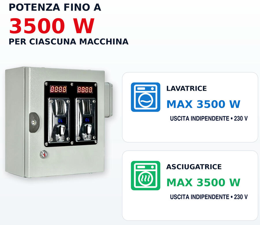Gettoniera per Lavatrice e Asciugatrice - max 3500W cada (mod. TANDEM) - Legge tutte le monete
