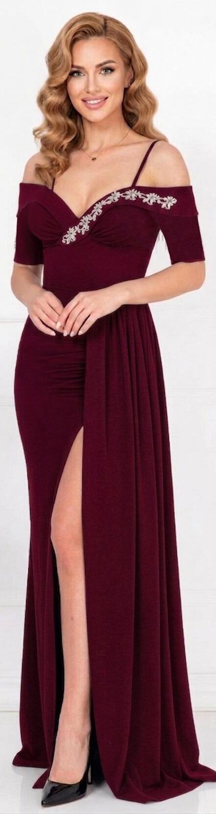 0982B Dress with slit and side panel with open sweetheart neckline